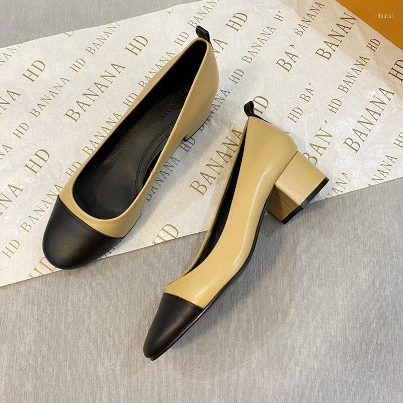 

Dress Shoes 2022 Spring And Autumn Women's High-heeled Color-blocked Thick-heeled Leather Shallow Mouth Temperament Work, Khaki black
