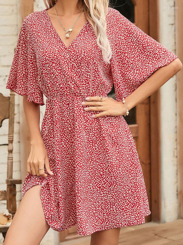 

Casual Dresses DGIRL Women' Dress Print V-neck Short-sleeved Loose A-line Skirt 2022 Spring And Summer Season, Pink