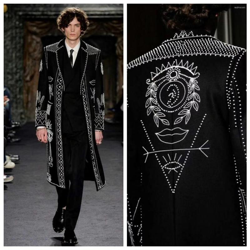 

Men's Suits Male Slim Fit Long Suit Jacket Pearl Embroidered Blazer Coat Men Women Atmosphere Nightclub Party Club Singer Stage Costumes, Black