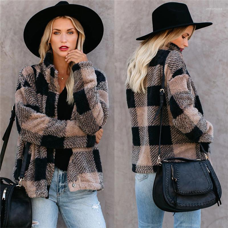 

Women' Fur Women Coats Autumn Winter Fashion Plaid Jacket Coat Office Ladies Long Sleeve Pockets Casual Elegant Outwear Overcoat, Brown