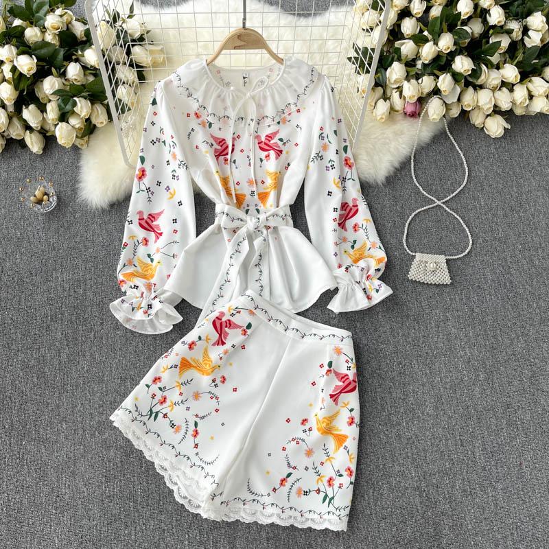 

Women's Tracksuits 2022 Spring Autumn Print Runway Suit Ladies Shirt Sweet And Wide-leg Shorts Pant Women Two-piece Set, White