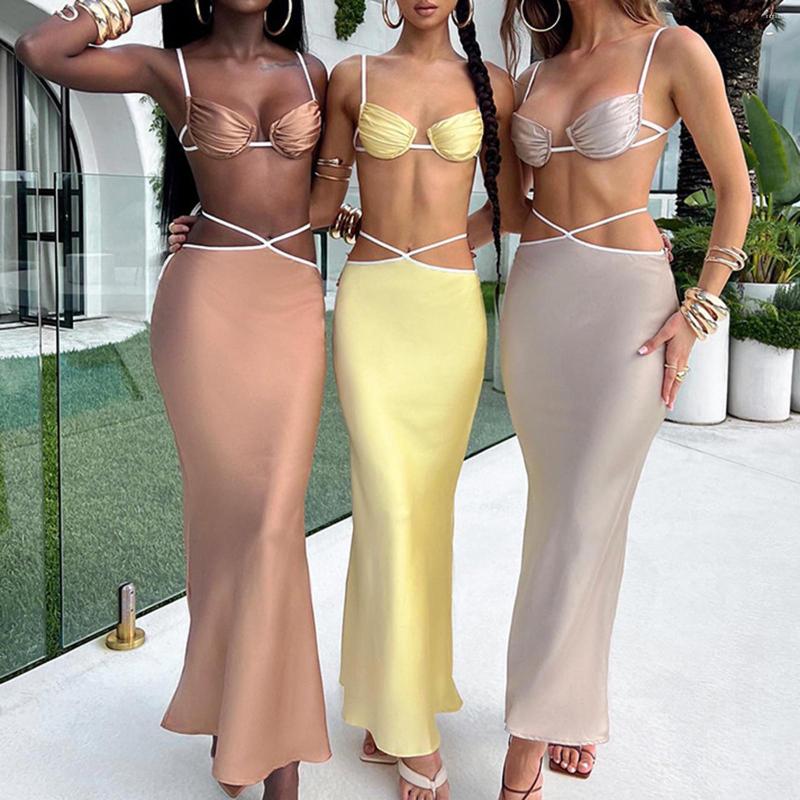 

Work Dresses Fashion Women Two Pieces Skirt Set Backless Lacing Camisole With Low Waist Long Bodycon For Cocktail Party Sexy Sets, Khaki