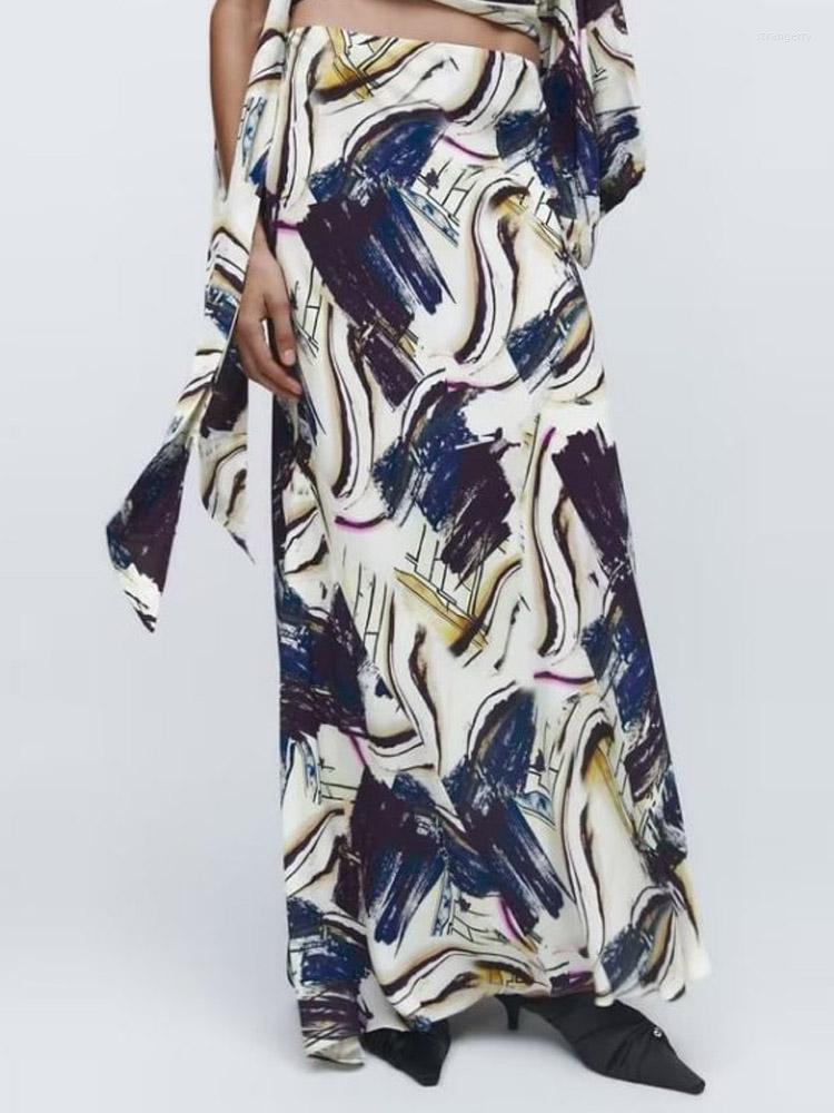 

Skirts Kumsvag 2022 Summer Women Print Loose Vintage Fashion Side Zipper Female Elegant Street Ankle-Length Skirt Clothing