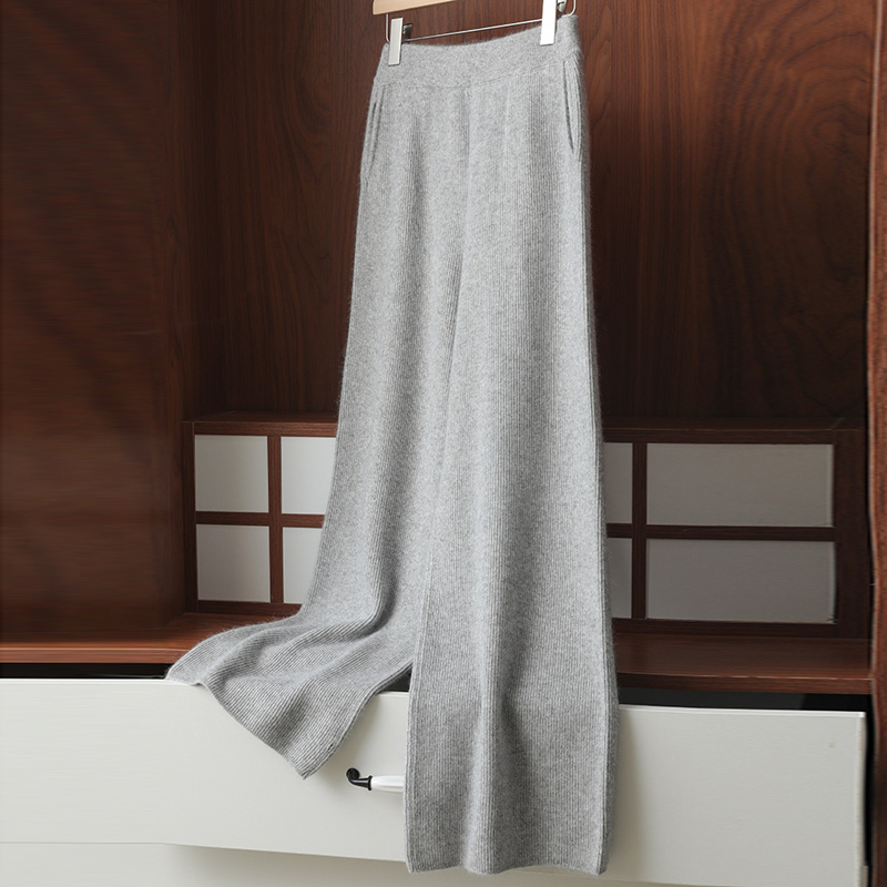 

Women's Pants s 4 colors casual loose cashmere knit solid color ladies mink wide leg pants long Autumn and winter series 221011, Gray