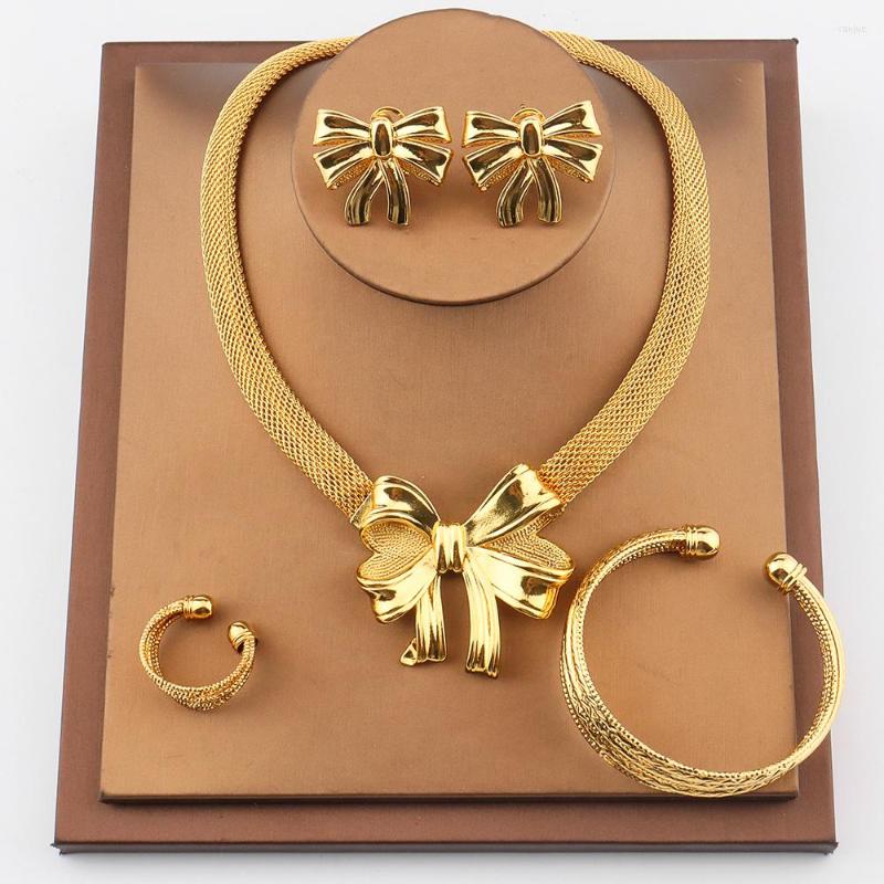 

Necklace Earrings Set Africa Nigeria Bowknot Jewelry Fashion Dubai Bracelet Earring Ladies Weddings Party Accessory Gift, Picture shown