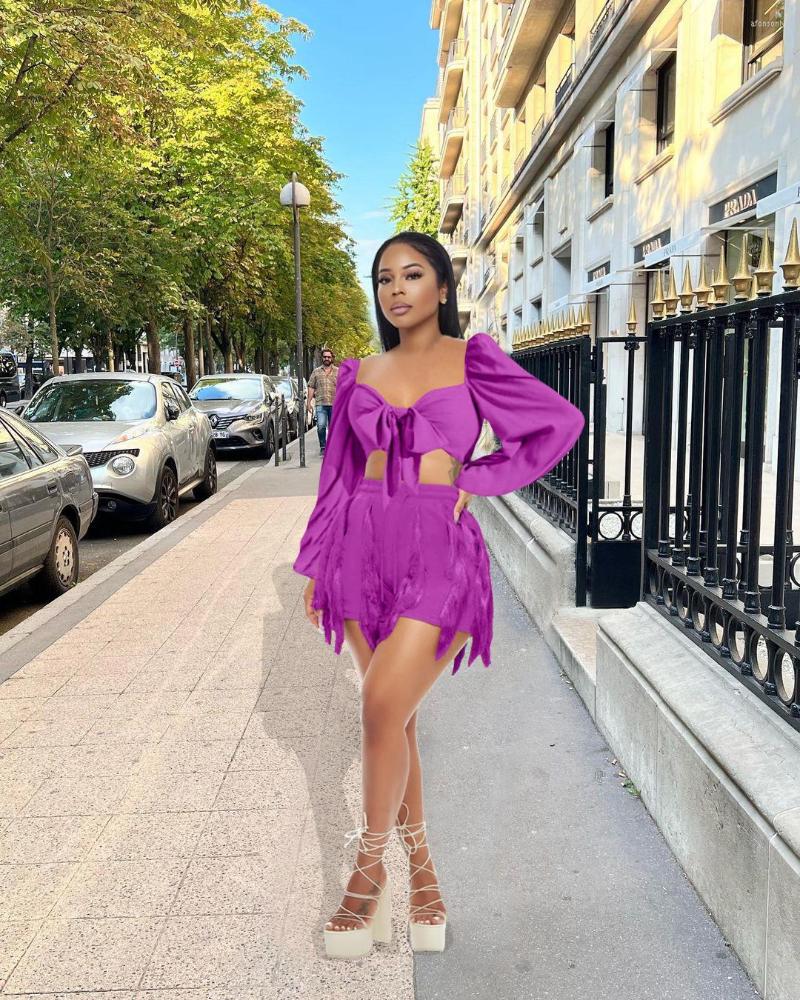 

Women' Tracksuits Perl Elegant Full Sleeve Crop Top Tassel Shorts Suit Spring And Autumn Two Piece Set Outfit For Women Fashion Matching, Purple