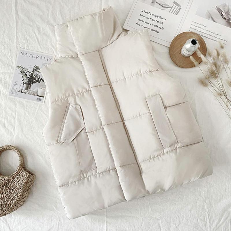 

Women' Vests Stylish Women Vest Side Pockets Skin-Touching Lady Waistcoat Solid Color Stand Collar Winter Cotton Puffer, Black