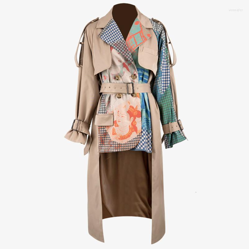 

Women' Trench Coats 2022 Spring Autumn Coat Turn-down Collar Full Sleeves Printed Waist Belts Spliced Big Size Windbreaker Female, Khaki