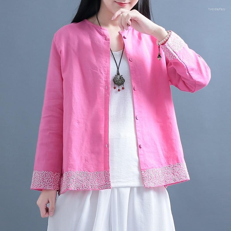 

Ethnic Clothing Chinese Style Women Blouses 2022 Cotton Linen Shirts Casual Vintage Embroidery Long Sleeve Ladies Tops FF3058