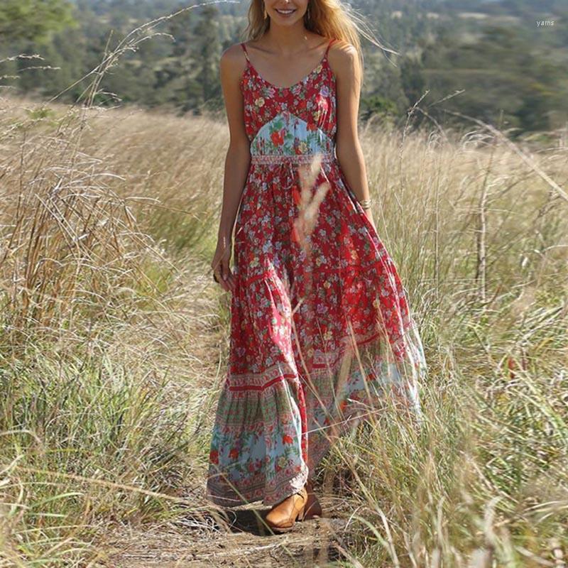 

Casual Dresses Women Summer Sling Dress Thin Boho Print Large Hem Maxi HSJ88, Blue