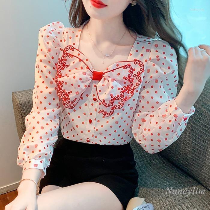 

Women' Blouses 2022 Autumn Long Puff Sleeve Polka Dot Chiffon Shirt Women' Printing Bow Top Sweet Ladies, Picture color