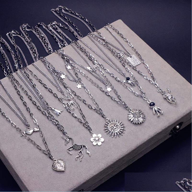 

Pendant Necklaces 10Pcs/Lot Vintage Mti-Layer Hip-Hop Stainless Steel Necklaces For Men Women Rock Rapper Charm Collar Pendants Jewe Dh3Lj