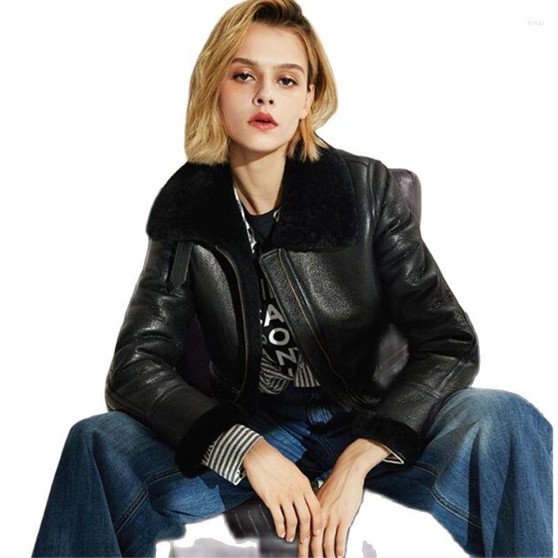 

Women' Leather Winter Genuine Jacket Women High Quality Shearling Coat Sheepskin Flight Outerwear Lady' Short Real Fur Overoat, Black