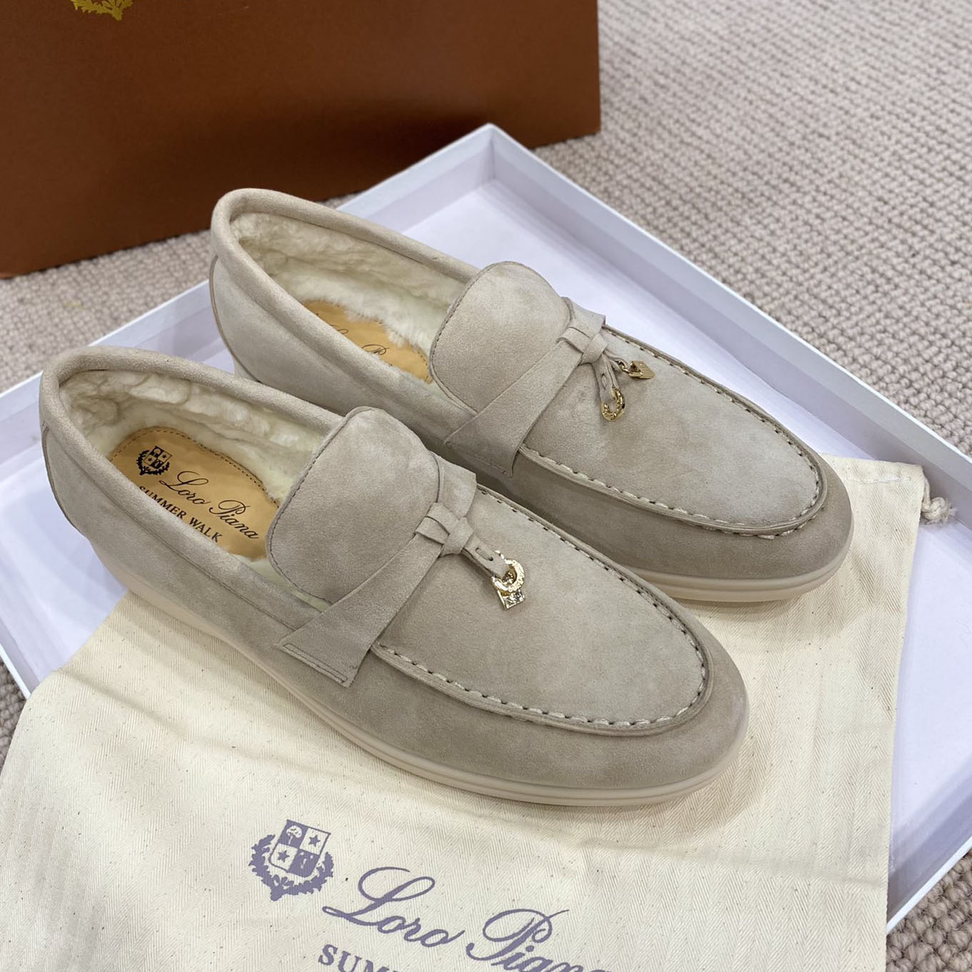 

LP PIANA Winter Charms Walk suede loafers shoes Mules Warm Flat Genuine leather slip on flats women's Luxury Designers flat Dress shoe factory footwear, Navy blue