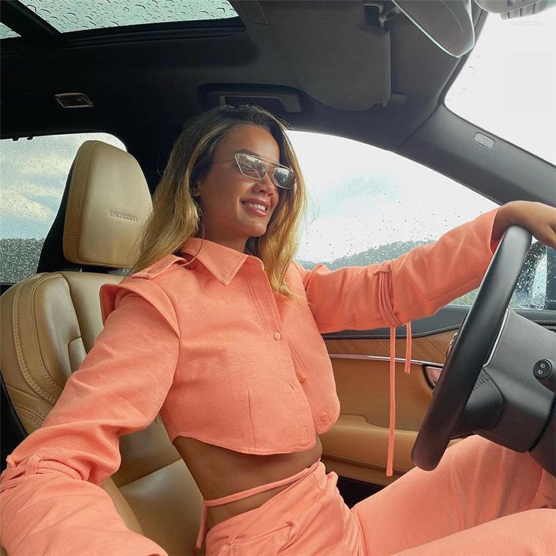 

Women' Two Piece Pants 2022 Casual Womne Long Sleeve Single Row Lace-Up Button Short Shirt & High Waist Straight Set, Gray