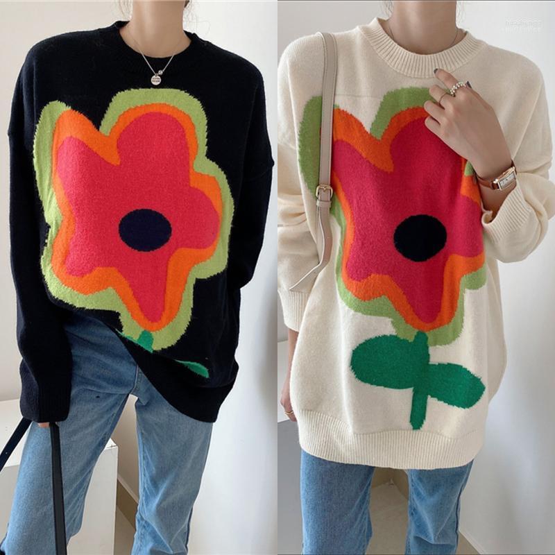

Women's Sweaters Women's Women Autumn Winter Color Block Sweater Adults Loose Cute Flower Pattern Round Neck Long Sleeve Oversize Warm, Black