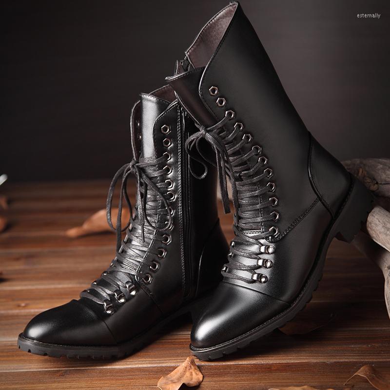 

Boots Mens Luxury Fashion Genuine Leather Black Autumn Winter Shoes Lace Up High Boot Punk Motorcycle Long Botas Masculinas Mans, Black with fur