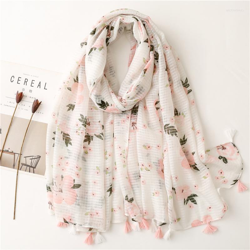 

Scarves 2022 Flower Print Tassel Scarf Shawls Soft Floral Beach Wrap Hijab