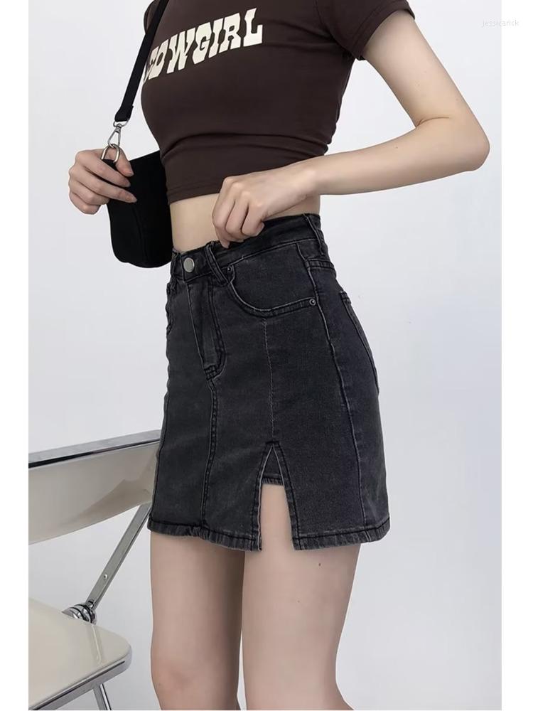 

Women' Shorts Feynzz Small Split Denim Skirt Women' Summer Elastic Slim Fit High Waist A-line Girl Bag Hip, Black