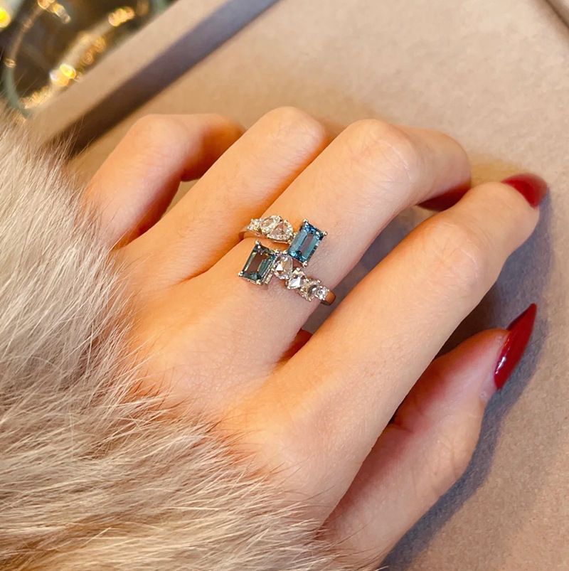 

Sea Blue Zircon Open Rings: Trendy Silver Square Crystal Engagement & Wedding Gifts for Women