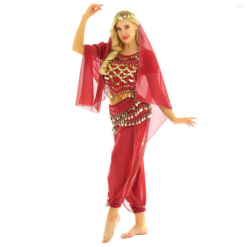 

Stage Wear Women Belly Dance Carnival India Costume Outfit Set Short Lanterns Sleeves Coins Top With Harem Pants Hip Scarf And Head, Black b