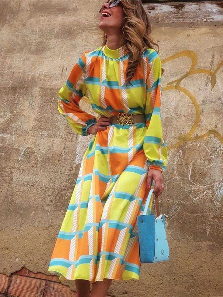 

Casual Dresses Women Vestidos Vintage Pattern Elegant Long Dress Fashion Half High Neck 3/4 Sleeved Loose Party Spring Autumn