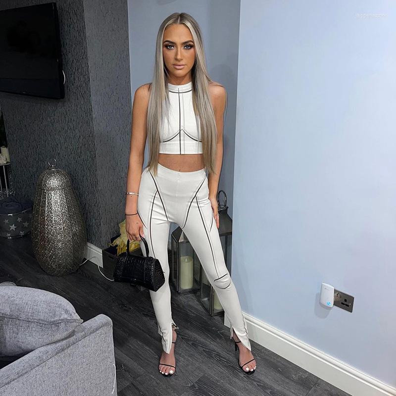 

Women' Two Piece Pants Print White Tracksuit Women Lounge Wear Sleeveless Tank Crop Top Slit Flare Club Suits Outfits Streetwear Sport, White set