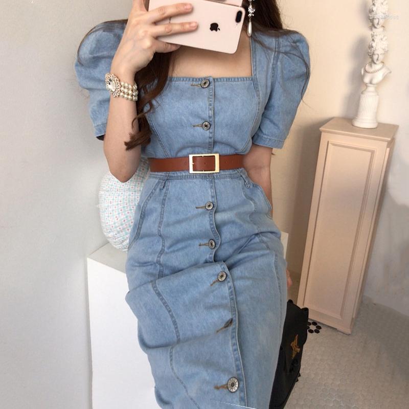 

Party Dresses Wakuta Slim Waist Denim Jean Long Dress Women Korean Vintage Fashion Puff Sleeve Belted Chic Square Neck Single BreastedParty, Qianse