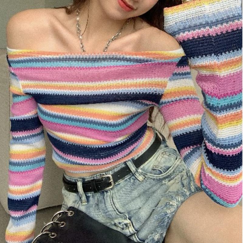 

Women's T Shirts Korean Style Rainbow Striped Long-sleeved Knitted Off Shoulder T-Shirt Women's Summer 2022 Chic Temperament Short TopS, Purple stripes