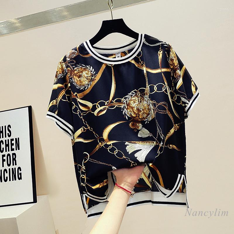 

Women's Blouses Loose Pullover Shirt Women 2022 Summer Retro Print Split Chain Pattern Printed Chiffon Blouse Female Short Sleeve Top, Black