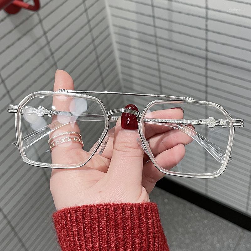 

Sunglasses Frames 2022 Versatile Simple Anti Blu Ray Glasses Trend Personalized Double Beam Metal Flat Lens Women's Fashion