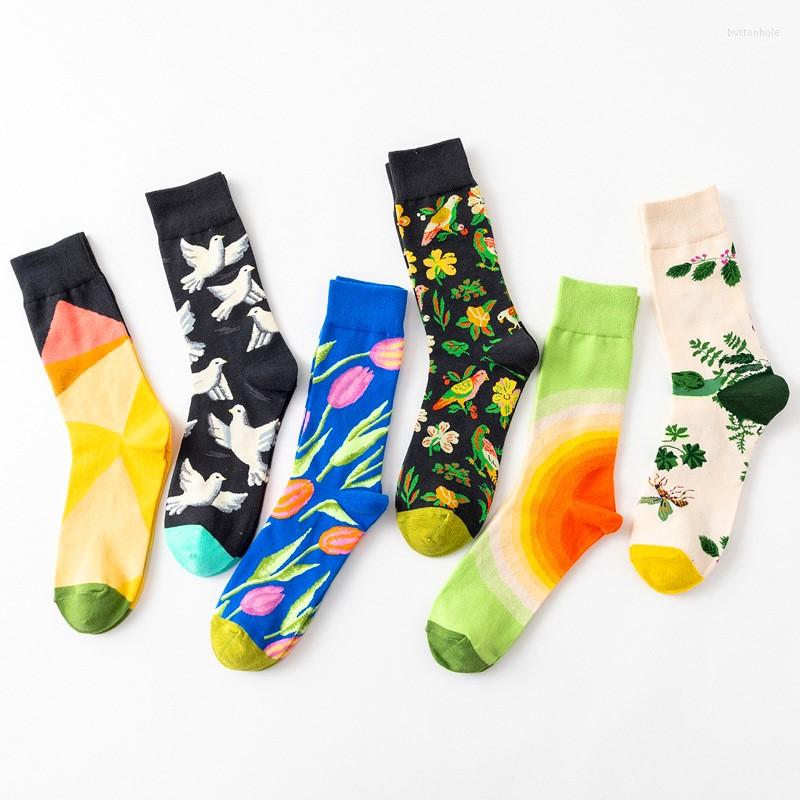 

Women Socks 2 Pairs S Harajuku Creative Flower And Bird Sketch Print Cotton Breathable Casual Female Happy