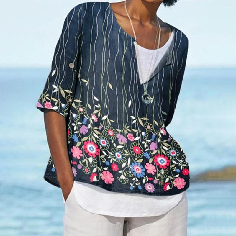 

Women's Blouses Cotton Linen Tops For Womens Girls Vintage Floral Print T-Shirts Three Quarters Sleeve Loose Irregular Hem Long Top A40, A-blue