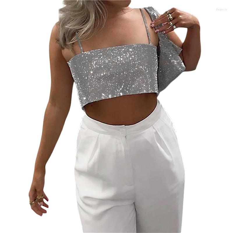 

Women' Tanks Xingqing 2022 Sexy Women Sequin Camisole Elegant Low Cut Sleeveless Suspender Tops Crop Tank For Summer Pub Club Wear, As photo shows