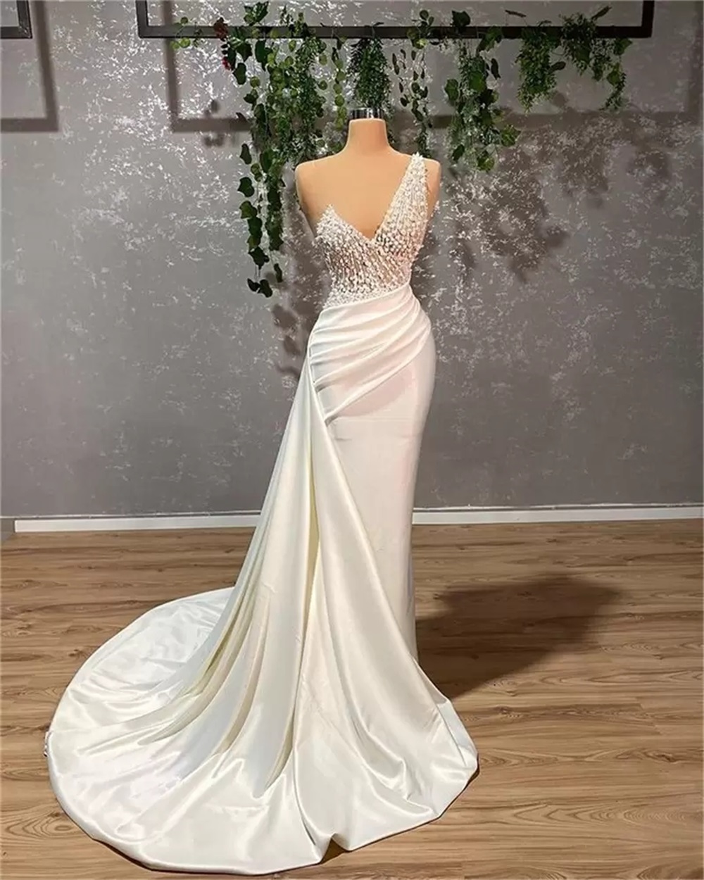 

2023 African Mermaid Wedding Dresses One Shoulder Illusion Lace Applique Crystal Pearls Beads Bride Dresses Sweep Train Bridal Gowns Plus Size, Ivory
