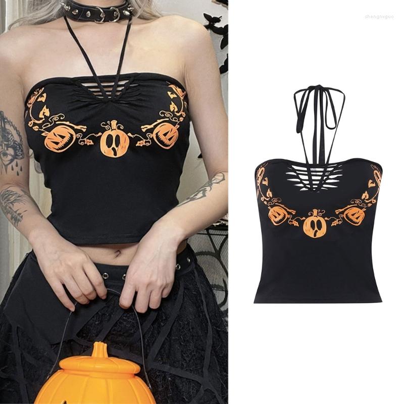 

Women' Tanks Women Halloween Pumpkin Print Camisole Sexy Woven Ruched Halter Crop Tube Top, Black