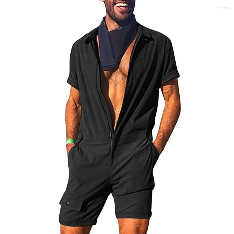 

Men's Pants Men Clothes Overalls Sexy Casual Zipper Lapel Short Sleeve Romper One-Piece Jumpsuit Pocket Streetwear Cool Loose Summer Male, Navy blue
