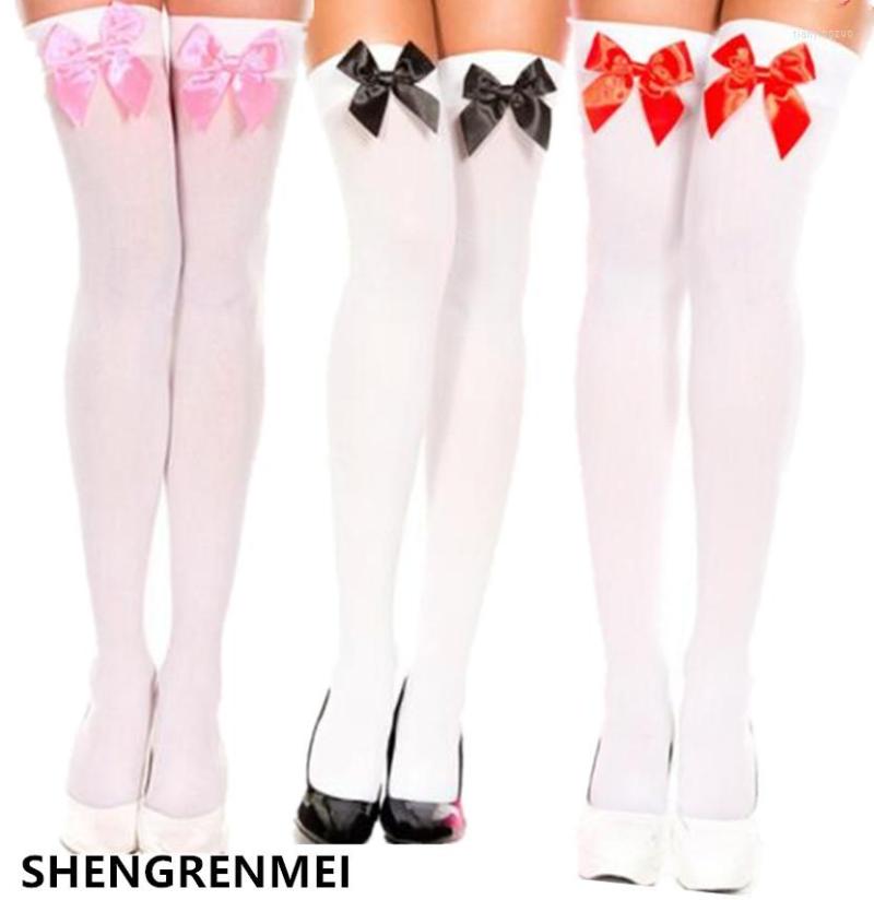 

Women Socks SHENGRENMEI Stockings For Halloween Costume Fashion White Pink Black Red Bow Stocking High Girls Sexy Thigh