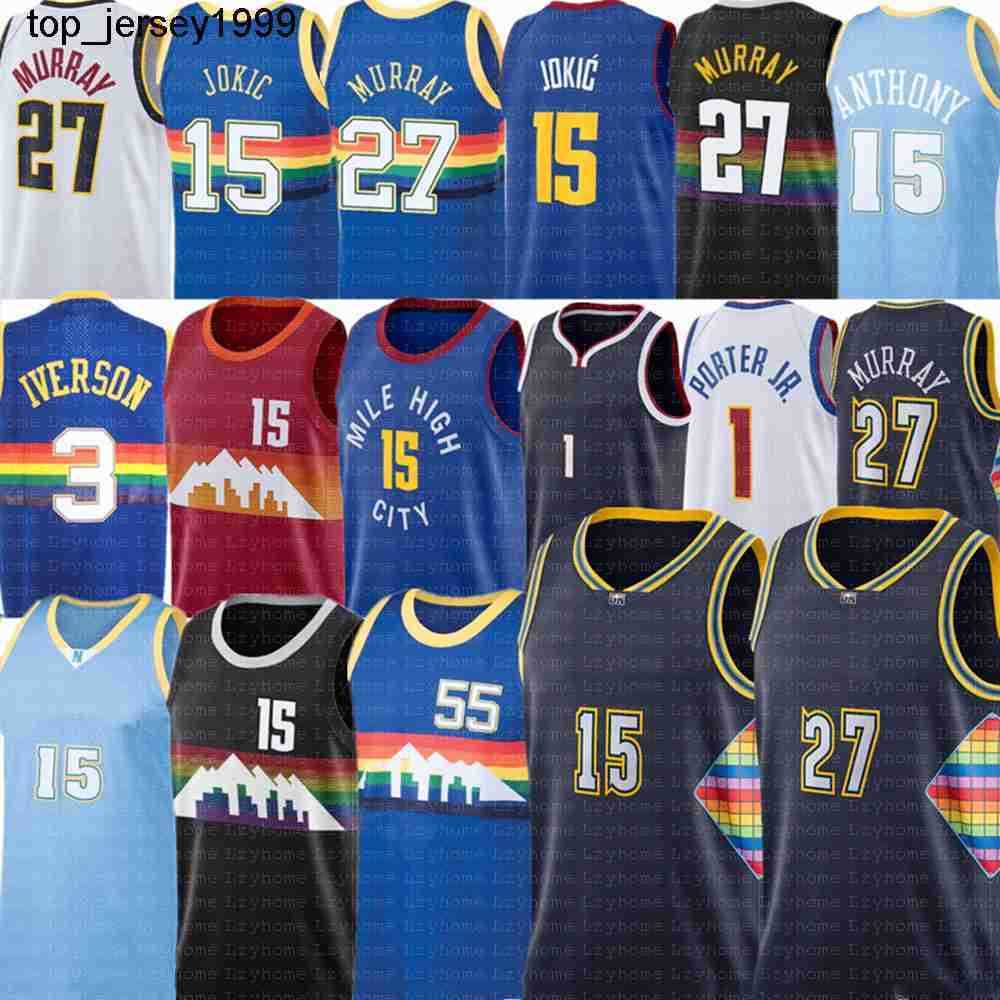 

Carmelo 15 Anthony Nikola Jamal 27 Murray 15 Jokic Basketball Jersey Vintage Dikembe 55 Mutombo Allen 3 Iverson Michael 1 Porter Jr Royal, With logo