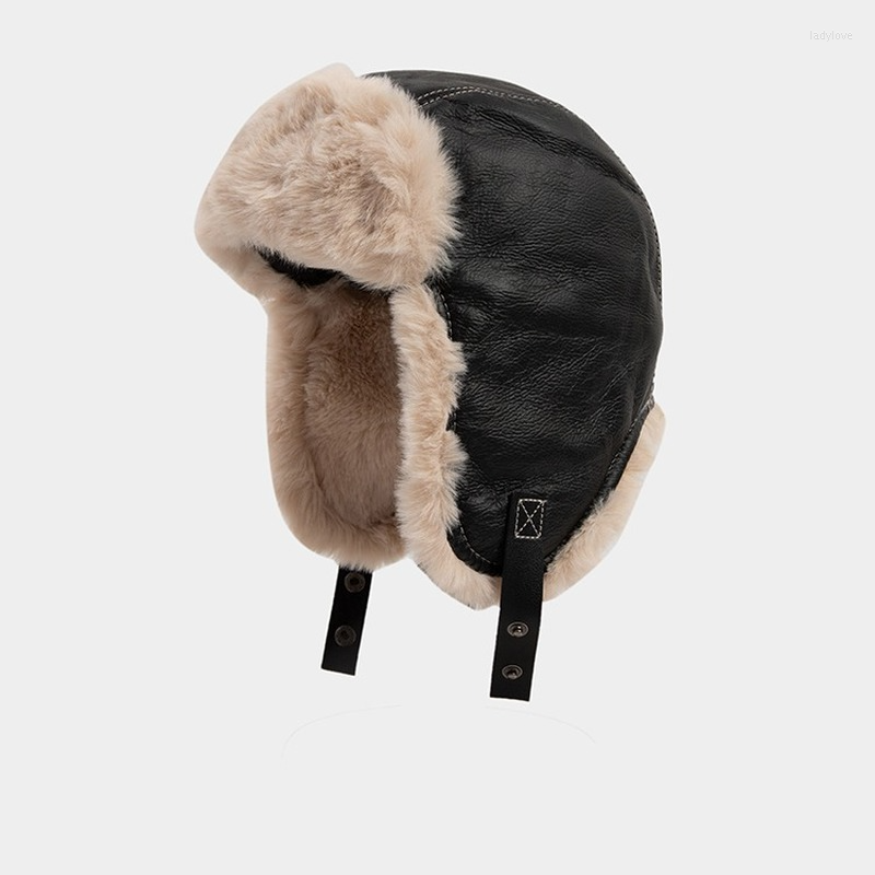 

Berets Warm Bomber Hats Earflap Russian Hat Men Women Ear Flap Winter Windproof Cycling Skiing Leather Snow Fur, Black