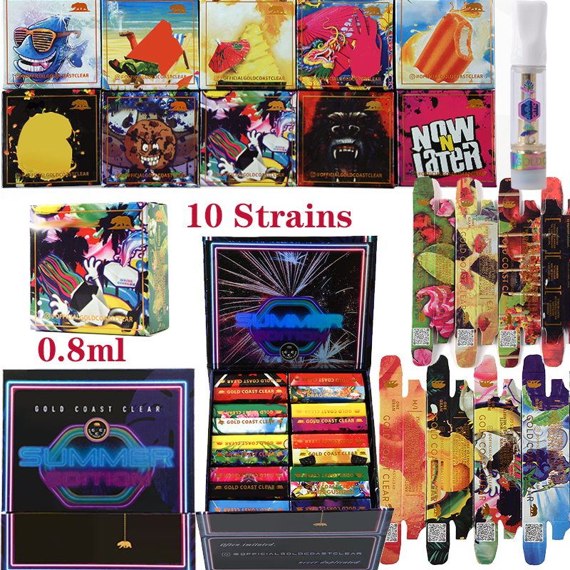 

GOLD COAST CLEAR Empty Vape Pen Cartridges Atomizers Summer Edition 0.8ml 1ml Ceramic Cartridge Glass Tank Thick Oil Dab Vaporizer Carts E Ciga 510 Thread 10 Strains