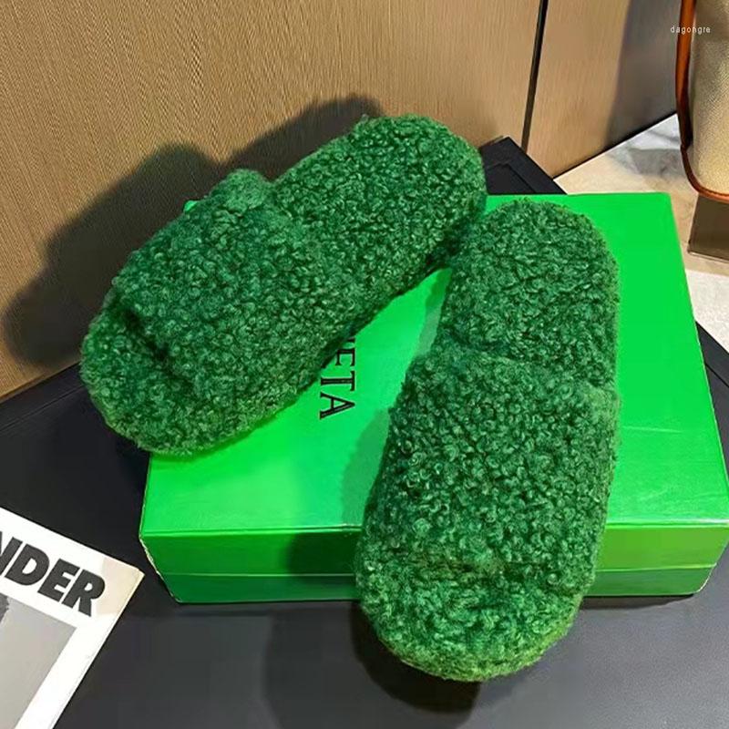 

Slippers Peep Toe Thick Sole Women Green Black Flat Outdoor Ladies Slides Summer Autumn Furry Flip Flops