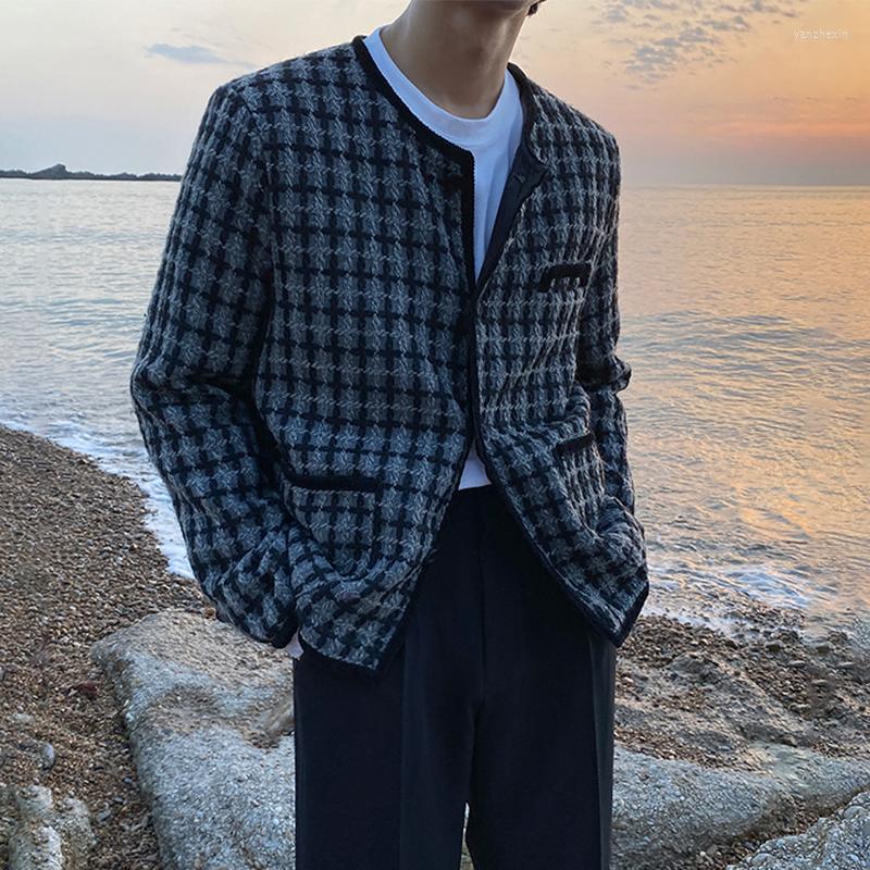 

Men's Jackets O-Neck Weave Cardigan Plaid Men Jacket Fashion Long Sleeve High-End Men's Outerwear Casual Spring Male Coat 2022, Grey jacket