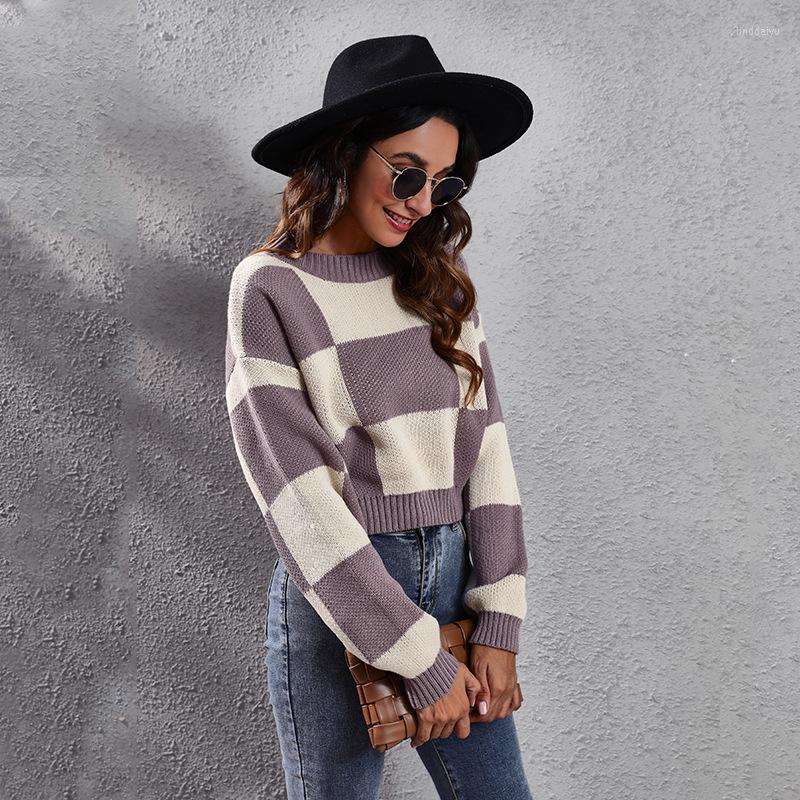 

Women' Sweaters Casual Checkerboard Sweater For Women Fashion Autumn Winter O Neck Long Sleeve 2022 Female Streetwear Knit Pullovers, Green