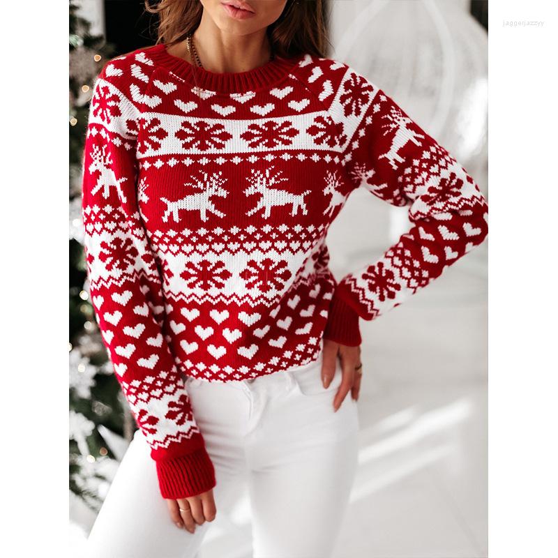 

Women' Sweaters Fashion Autumn Winter Long Sleeve Slim Sweater Christmas Ladies Elk Print 2022 Tops Women, Red