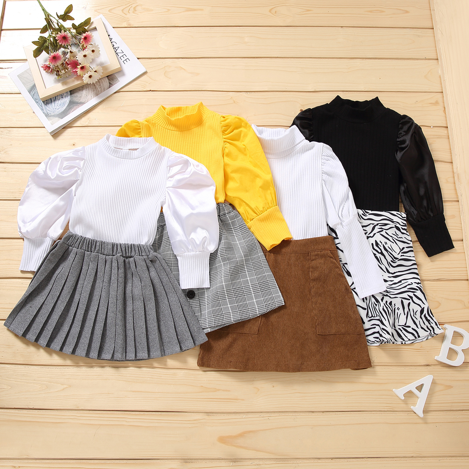 

Girls Autumn Clothes Sets Solid Color Puff Sleeve Ribbed Knit Tops Sweater and Zebra Ruffle A-line Skirts Baby Outfits, As picture