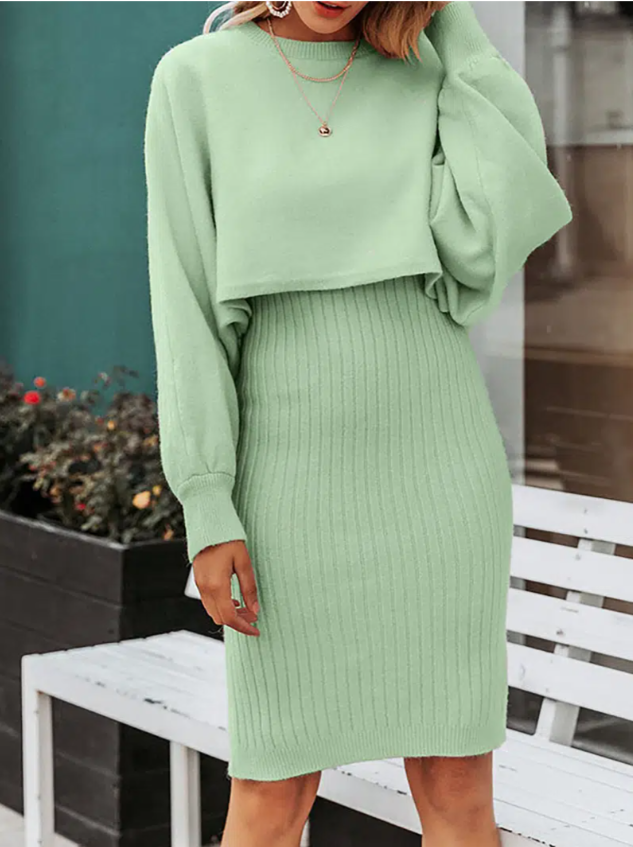 

Women's Set Sexy Sleeveless Scoop Neck Bodycon Dress Knit Two-piece Set, Green