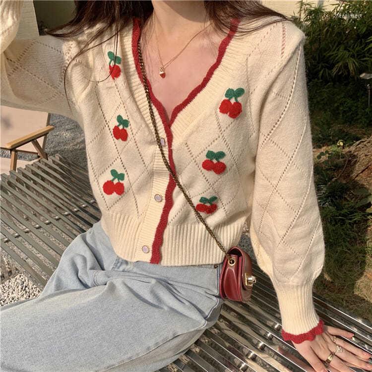 

Women's Knits Autumn Est Cardigans Women Sweet Elegant V-neck Lovely Cherry Patchwork Ladies Outerwear Gentle High Street Leisure Trendy, Black