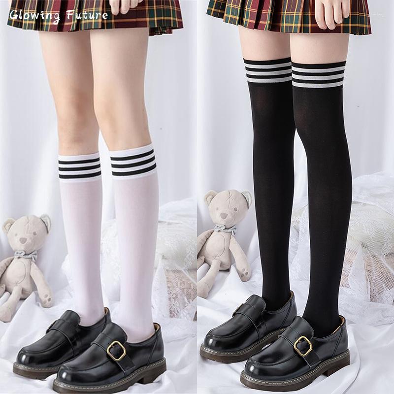 

Women Socks Stockings Lolita Long Fashion Sexy Over The Knee Thigh High Kawaii Black White Solid Color Nylon Calf Meias, Black about 52cm