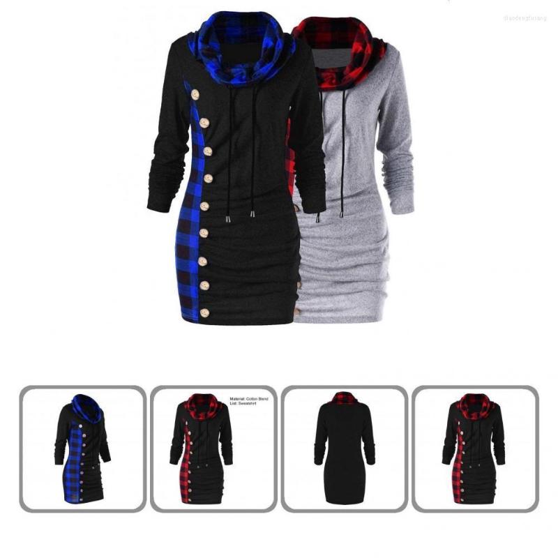 

Women's Hoodies Mid-Length Stylish Plaid Patchwork Lady Sweatshirt Long Jumper Turtleneck Ladies Clothing, Black